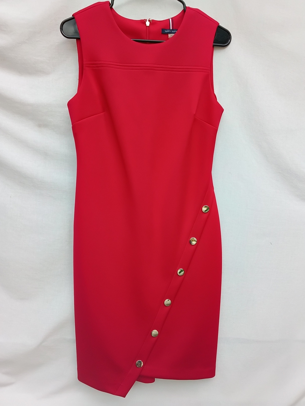 Tommy Hilfiger Red Sleeveless Midi Sheath Dress with Gold Buttons Y2k Holiday 6